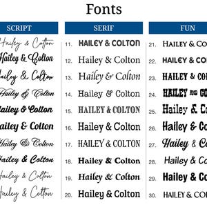 a collection of various font styles, including script, serif, and fun fonts, arranged in a table format.
