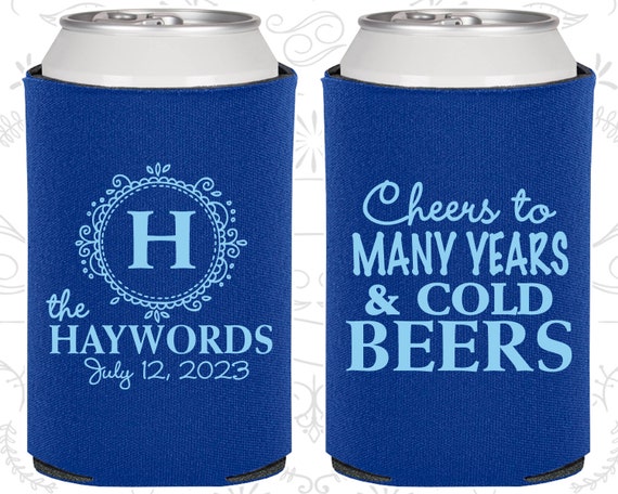 Cheers to Many Years and Cold Beers, Unique Wedding Gift, Monogram Wedding Gift, Monogrammed Gifts, Wedding Can Cooler (39) Il_570xn