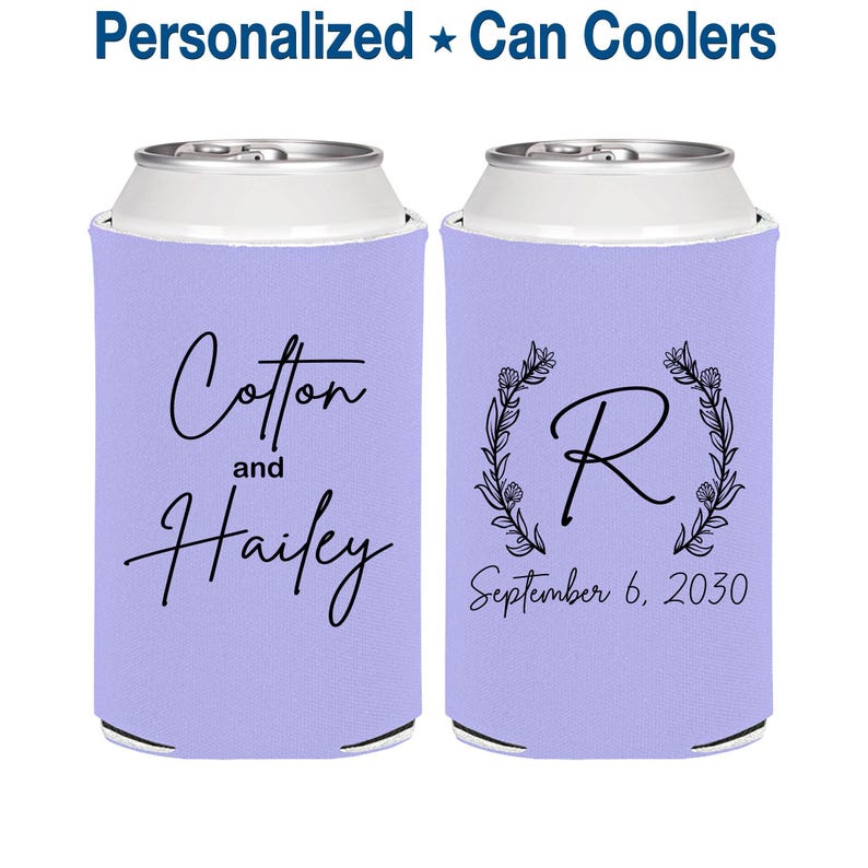 Purple-themed wedding reception supplies - light purple wedding can coolers