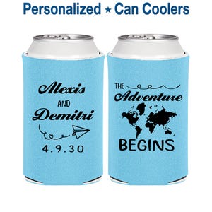 The Adventure Begins, Unique Wedding, Destination Wedding, Travel Wedding, World Map, Wedding Beer Can Coolers | 276