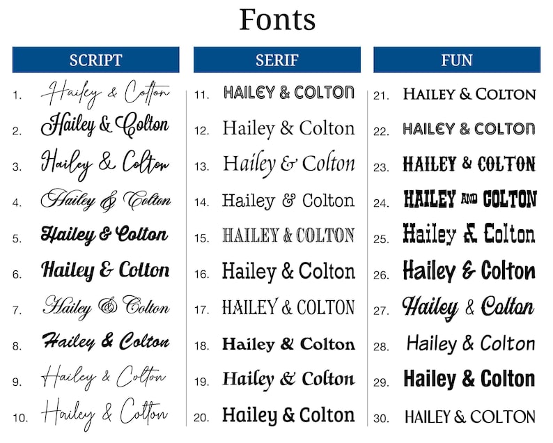 a collection of various font styles, including script, serif, and fun fonts, arranged in a table format.
