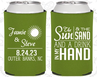 The Sun and the Sand and a Drink in my Hand, Wedding Favors, Beach Wedding Favors, Summer Wedding Favors, Beer Can Coolers (401)
