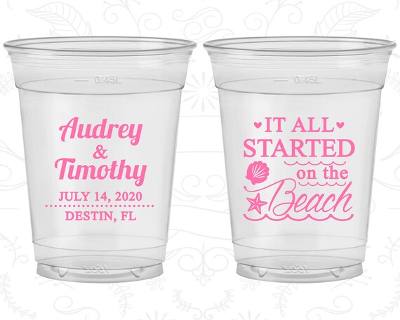 It all started on the beach, Personalized Disposable Cups, Beach Wedding, Starfish Wedding, Soft Sided Cups (415) Il_570xn