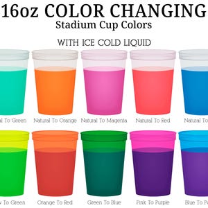 a collection of 16 oz stadium cup colors, each with a different liquid inside, along with a label indicating that the cup colors are changing with the addition of ice cold liquid.
