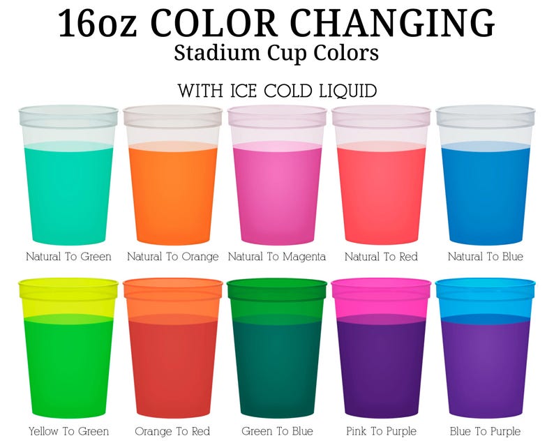 a collection of 16 oz stadium cup colors, each with a different liquid inside, along with a label indicating that the cup colors are changing with the addition of ice cold liquid.