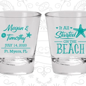 It all started on the beach Shot Glasses, Customized Shot Glass, Beach Wedding Shot Glasses, Starfish Wedding | 413