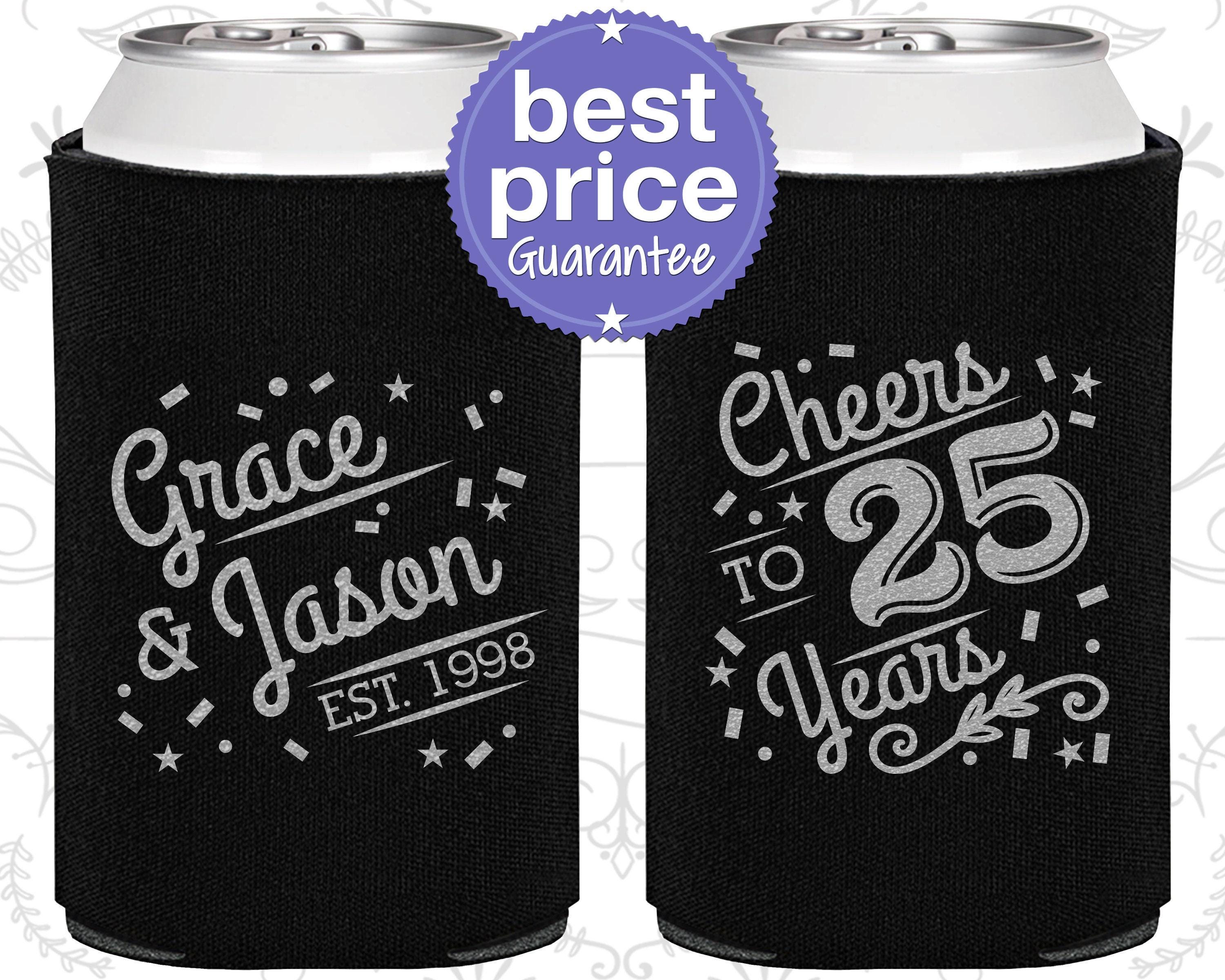 25th Anniversary Gift for Parents, Anniversary Can Coolers, Anniversary Party Ideas, Silver Anniversary Favors, Cheers to 25 Years | 80012
