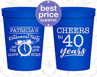 Retirement Cups, Retirement Party Favors, Retirement Gifts, Retirement Party Decorations, Cheers to 40 Years, Off the Clock (150000)