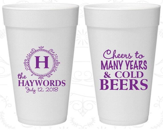 Cheers to Many Years and Cold Beers, Wedding Favor Foam Drinking Cups, Monogram, Monogrammed, Styrofoam Cups (39) Il_570xn