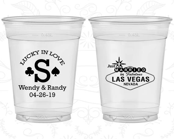 Las Vegas Wedding, Printed Soft Sided Cups, Just Married Wedding, Monogram Lucky in Love, Las Vegas Sign, Clear Cups (56) Il_570xn