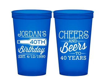 40th Birthday Party Cups, Personalized Birthday Cups, Custom Birthday Cups, Birthday Stadium Cups, Birthday Party Favors | 20002