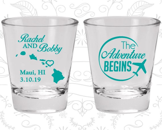 The Adventure Begins, Wedding Glasses, Hawaii Wedding Shot Glasses, Travel Wedding Shot Glasses, Plane, Custom Shot Glass (278) Il_570xn