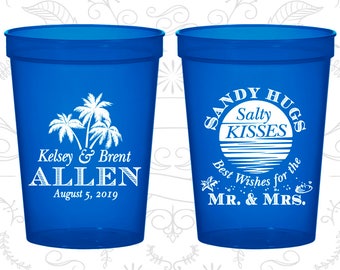 Sandy Hugs Salty Kisses Best Wishes to the Mr and Mrs, Personalized Wedding Cups, Beach Wedding Cups, Palm Trees, Plastic Party Cups (25)