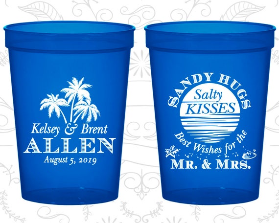 Sandy Hugs Salty Kisses Best Wishes to the Mr and Mrs, Personalized Wedding Cups, Beach Wedding Cups, Palm Trees, Plastic Party Cups (25) Il_570xn