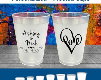Love Wedding, Custom Frosted Plastic Cups, Heart Wedding, Blue Frosted Cups | 252
