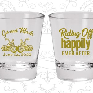 Riding off Happily Ever After Shot Glasses, Customized Glass, Motorcycles, Heart, Wedding Shot Glass | 693