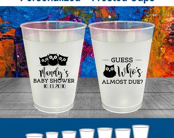 Guess Whos Almost Due, Baby Shower Frosted Cups, Gender Reveal Theme, Owl Baby Shower, Baby Shower Shatterproof Cups | 90170