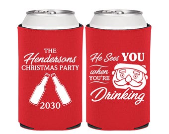 Christmas Party Favors, Christmas Can Cooler, Personalized, Christmas Office Party Favors, He Sees You When You're Drinking | 280015