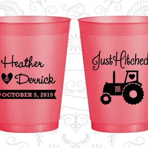 Just Hitched, Custom Frost Flex Cups, Tractor, Country Rustic, Rustic, Barn Wedding, Gold Frosted Cups | 682