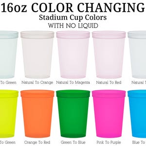 a collection of 16 different colors of plastic stadium cup lids, each representing a unique color. The cups are arranged in a grid, with each row containing four cups. The cups are labeled with their corresponding color names, such as "Natural To Green", "Natural To Orange", "Natural To Magenta", "Natural To Red", "Natural To Blue", "Yellow To Green", "Orange To Red", "Green To Blue", "Green To Purple", and "Blue To Purple".