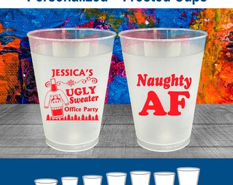 Christmas Frosted Cups, Christmas Favors, Custom, Holiday Party Cups, Christmas Party Supplies, Ugly Sweater Party, Naughty AF | 280024