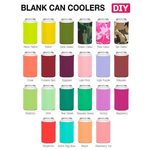 May include: A collection of twenty-three blank can coolers arranged in rows, featuring a variety of solid colors and camouflage patterns. Each cooler is labeled with its specific color name, including neon yellow, pink camo, and marsala.