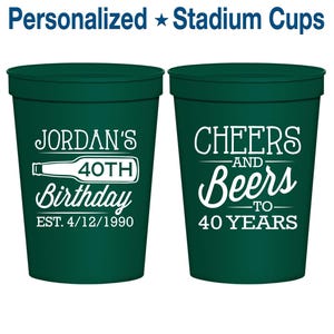 40th Birthday Party Cups, Custom Birthday Cup Favors, Cheers to 40 Years, Cheers and Beers, Birthday Party Cups | 20002