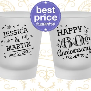 Anniversary Shot Glasses, 60th Wedding Anniversary Party Favors, Anniversary Decorations, Diamond Anniversary, Happy Anniversary | 80009