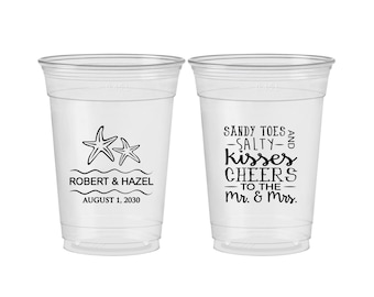 Custom Soft Sided Cups, Sandy Toes and Salty Kisses, Cheers to the Mr and Mrs, Tropical Wedding, Beach, Starfish, Clear Cups | 356