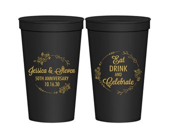 Anniversary Plastic Cups, 50th Wedding Anniversary Party Favors, Anniversary Ideas, Golden Anniversary Favors, Parents Anniversary | 80027