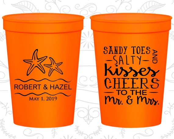 Sandy Toes and Salty Kisses, Cheers to the Mr and Mrs, Printed Stadium Cup, Tropical Wedding, Beach Cup, Starfish, Plastic Stadium Cup (356) Il_570xn