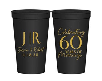 Anniversary Plastic Cups, 60th Wedding Anniversary Party Favors, Anniversary Decorations, Diamond Anniversary, 60 Years of Marriage | 80029