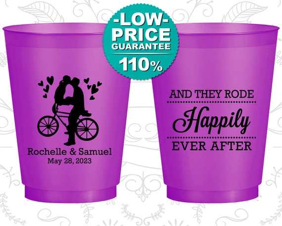 Wedding Frosted Cups, And They Rode Happily ever After, Cheap Frosted Cups, Southern Wedding, Bicycle, Purple Frosted Cups (C201) Il_570xn