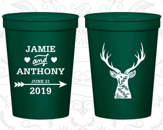 I Love you Deerly Cups, Custom Stadium Cups, Deer Antler Wedding Cups, Antler Wedding, Arrow Wedding, logo cups (282) Il_570xn