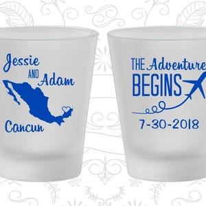 The Adventure Begins, Personalized Frosted Glasses, Plane, Mexico Wedding, Frosted Shot Glass | 275
