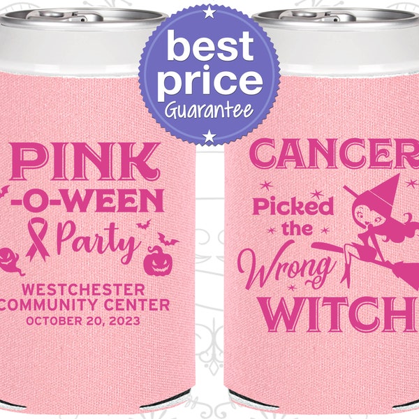 Breast Cancer Awareness Favors, Breast Cancer Can Coolers, Cancer Items, Breast Cancer Halloween, Cancer Picked the wrong witch (230010)