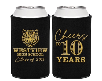 May include: Two black foam can coolers with gold text and graphics. The left cooler features a tiger head, 'WESTVIEW HIGH SCHOOL', and 'Class of 2016'. The right cooler displays 'Cheers TO 10 YEARS'. The text 'Personalized Can Coolers' is at the top.