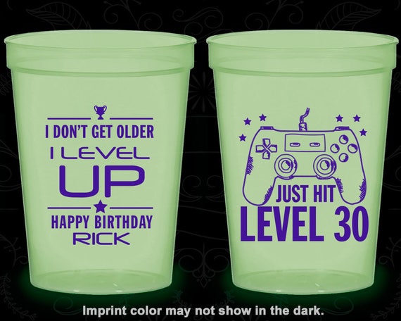 30th Birthday Glow in the Dark Cups, Video Game Birthday, I don't age, I level up, Glow Birthday Party (C20179) Il_570xn