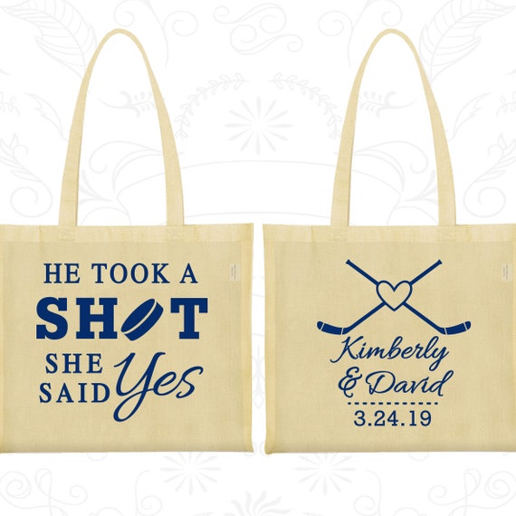 He Took a Shot, She Said Yes, Customized Welcome Bags, Hockey Wedding Bags, Sports Wedding Bags, Personalized Tote Bags (323) Il_570xn