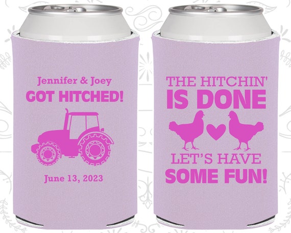 The Hitchin is Done, Lets Have Some Fun, Wedding Party Favors, Farm Wedding Favors, Chicken, Tractor, Cheap Can Coolers (497) Il_570xn