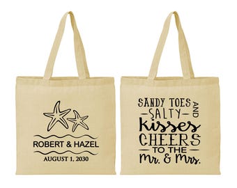 Sandy Toes and Salty Kisses, Cheers to the Mr and Mrs, Printed Canvas ToteBag, Tropical Wedding, Beach Bag, Starfish, Welcome Tote Bag | 356