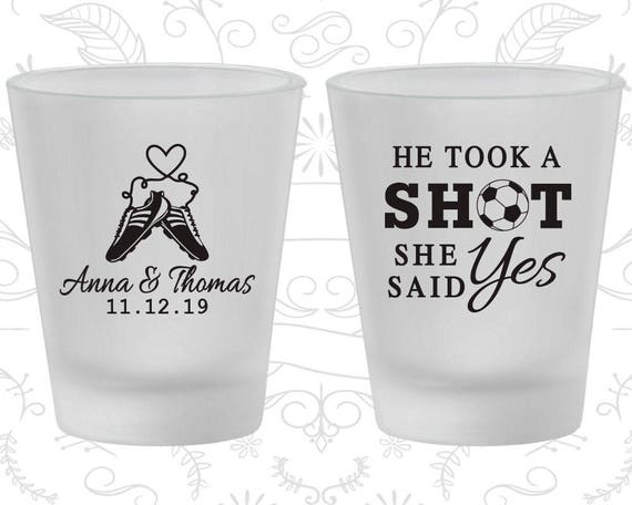 He Took a Shot, She Said Yes, Custom Frosted Glasses, Soccer Wedding, Sports Wedding, Frosted Shot Glass (322) Il_570xn