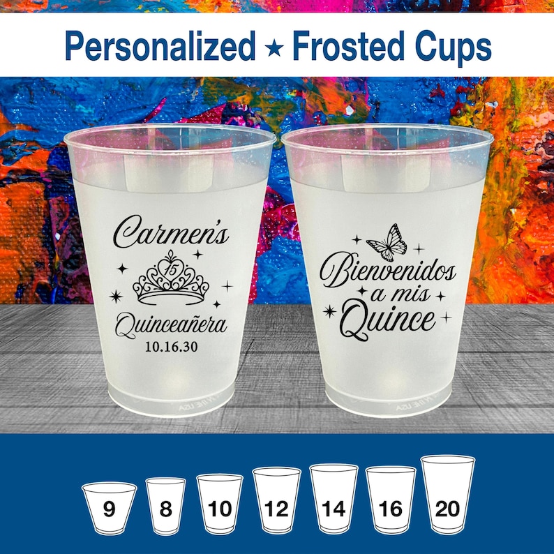 Personalized Quinceañera Frosted Cups, Mis Quince Años, 15th Birthday Copas, Quince Recuedeos, Quinceanera Party Favors | 70005 image 1