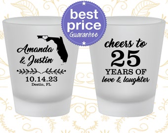 Anniversary Shot Glasses, 25th Wedding Anniversary Party Favors, Anniversary Party Ideas, Silver Anniversary, Cheers to 25 Years (80002)