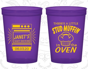 Stud Muffin in the oven, Baby Shower Cups, Gender Reveal Ideas, Pink or Blue Cups, Baby Shower Favors, Gender Reveal Decorations (90182)