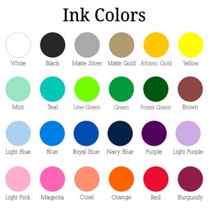 a collection of 24 different ink colors, each with a unique color and description. The colors include white, black, matte silver, matte gold, yellow, teal, lime green, forest green, brown, mint, blue, royal blue, navy blue, purple, light blue, light pink, magenta, coral, orange, red, and burgundy.