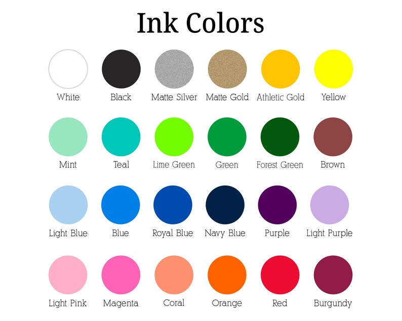 a collection of 24 different ink colors, each with a unique color and description. The colors include white, black, matte silver, matte gold, yellow, teal, lime green, forest green, brown, mint, blue, royal blue, navy blue, purple, light blue, light pink, magenta, coral, orange, red, and burgundy.