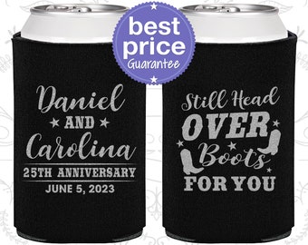 25th Wedding Anniversary Party Favors, Anniversary Can Coolers, Anniversary Party Ideas, Still Head Over Boots for You (80022)