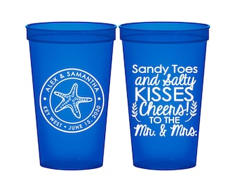 Sandy Toes and Salty Kisses, Cheers to the Mr and Mrs, Personalized Stadium Cups, Beach Wedding Cups, Starfish, Plastic Party Cups | 355