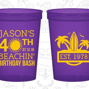 40th Birthday Party Cups, Custom Birthday Favor Cups, Beach Birthday Cups, Tropical Birthday Cups, Birthday Party Cups | 20212